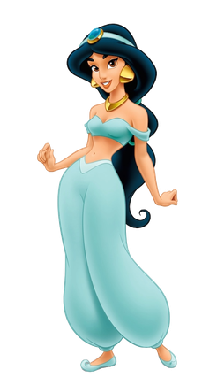 Jasmine with her flowing dark hair and teal outfit