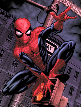 Spiderman swinging through the city